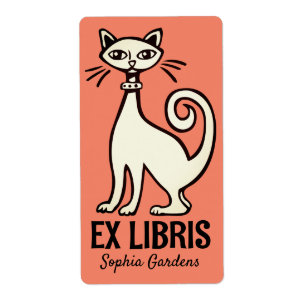 Étiquette Ex Libris - Rétro Chat - Saumon