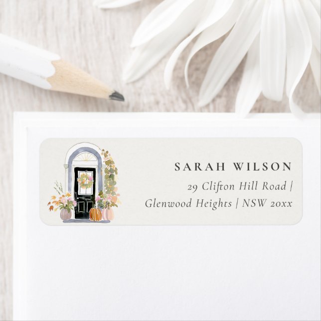 Étiquette Fall Pumpkin Front Door Floral Moved Address (En situation)