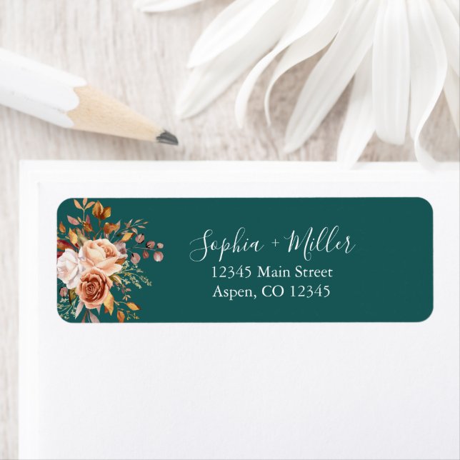Étiquette Fall Teal Watercolor Terracotta Floral wedding (En situation)