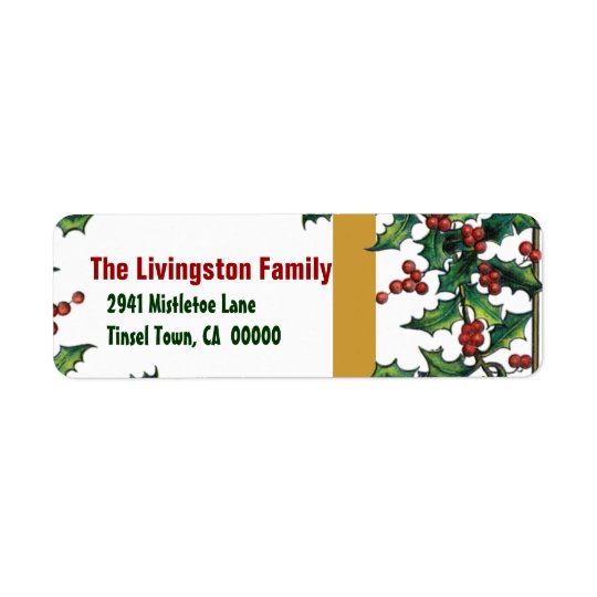 Étiquette Famille de houx rouge d'or vert de Noël vintage