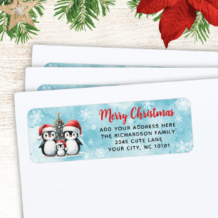 Étiquette Famille de mignons pingouins de Noël rouge moderne