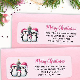 Étiquette Famille de mignons pingouins Joyeux Noël rose