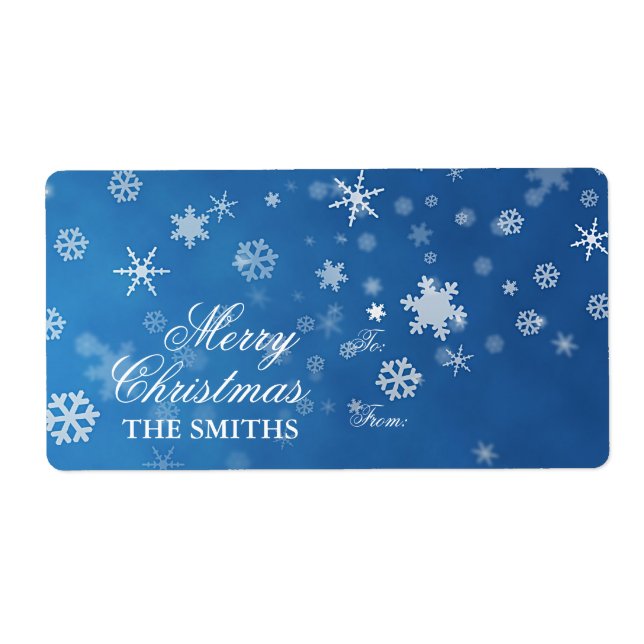 Étiquette Famille Elegant Snowflake bleu (Devant)