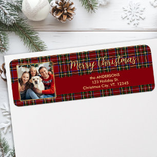 Étiquette Famille Noël Plaid Gold Photo Retour
