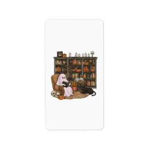 Étiquette Fantôme lisant un livre amateur de chat Halloween 