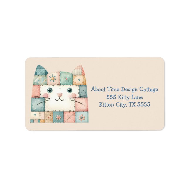 Étiquette Faux Patchwork Pastel Cottage Kitty Visage (Devant)