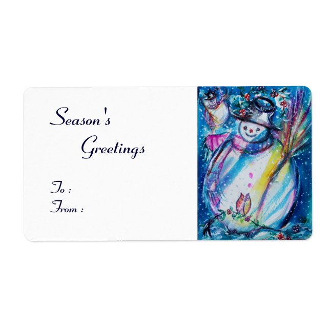 Étiquette FEMME DE NEIGE AVEC OWL, bleu blanc rouge (Devant)