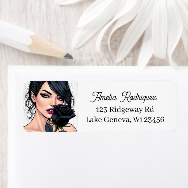 Étiquette Femme gothique lunatique personnalisée avec rose   (En situation)