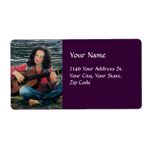 Étiquette Femme Jouant De La Musique Avec Guitare Acoustique