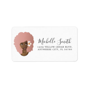 Étiquette Femme Noire, Cheveux Rose Naturel Afro Avec Fleur