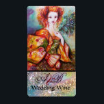Étiquette FEMME ROMANTIQUE AVEC PEACOCK FEACOCK VIN Mariage<br><div class="desc">Design monogramme élégant, peinture aquarelle contemporaine originale avec feuille d'or et couleurs irisées en vert clair, jaune orange, turquoise, turquase, blanc.Elégant, belle brune sophistiquée, rouge, vert brillant d'or tissus d'un costume baroque avec plumes paon.Peinture de Bulgan Lumini (c).Cette carte cool et artistique est parfait pour les mariages, douches douces nuptiquées,...</div>