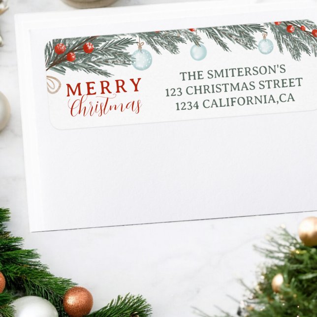 Étiquette Festif À feuillage persistant Red Berries Aquarell (Festive Evergreen Red Berries Watercolor Christmas Label)