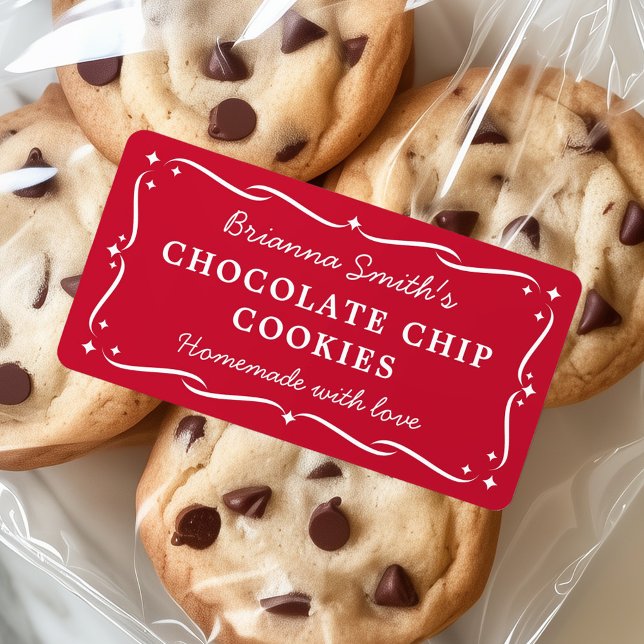 Étiquette Festif frontière rouge cuisine de Noël (Festive border red Christmas kitchen baking Label)