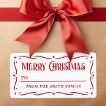 Étiquette Festif Joyeux Noël rouge blanc à partir du cadeau<br><div class="desc">Rouge et blanc ou toute couleur à partir de la marque-cadeau étiquettes avec le texte "Joyeux Noël" dans une police festive et l'espace pour que vous écrivez un nom à la main. Voici votre nom de famille et tout est entouré d'une frontière ornée d'étoiles. Vous pouvez modifier les couleurs de...</div>