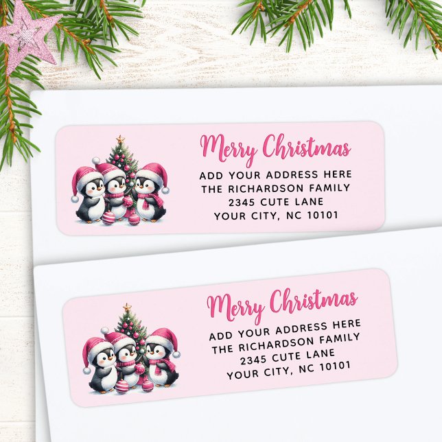 Étiquette Festif Joyeux Noël Trois mignons pingouins rose (Créateur téléchargé)