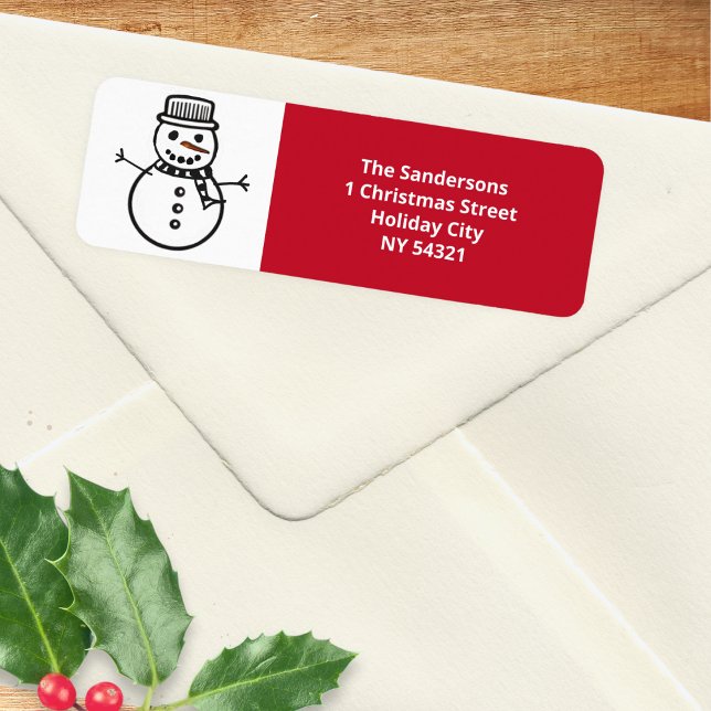 Étiquette Festif Red Christmas Snowman (A Christmas return address label with jolly snowman picture and red panel for your address)