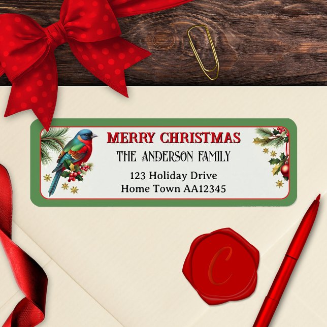 Étiquette Festin Robin Joyeux Noël Adresse de retour (Merry Christmas return address label featuring a cute colorful robin with festive stars and holly)