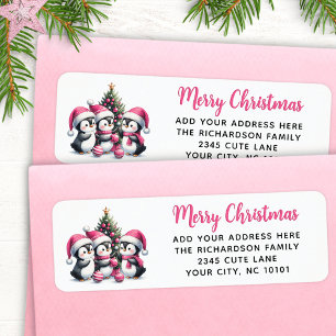 Étiquette Festin rose Joyeux Noël Trois mignons pingouins