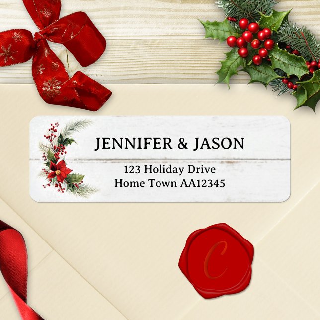 Étiquette Festitic Rustic Wood Christmas Retourner l'adresse (Christmas return address label featuring a watercolor floral poinsettia design on ivory rustic wood)