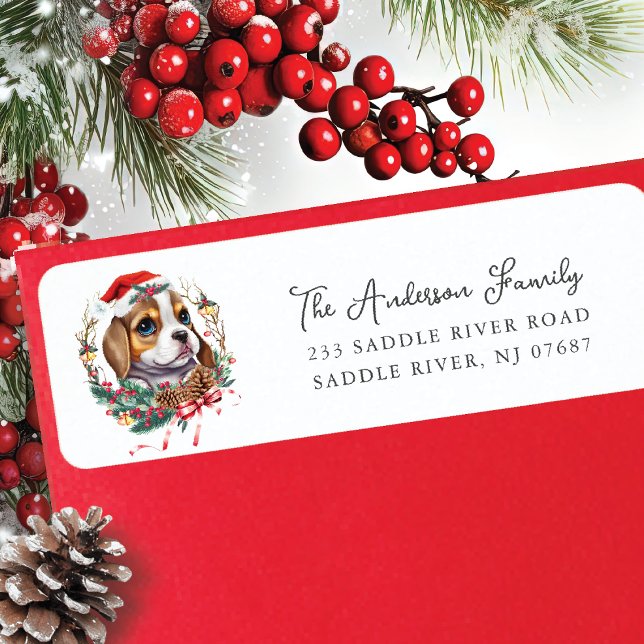 Étiquette Festive Beagle Chien à Santa Hat Adresse de retour (Créateur téléchargé)