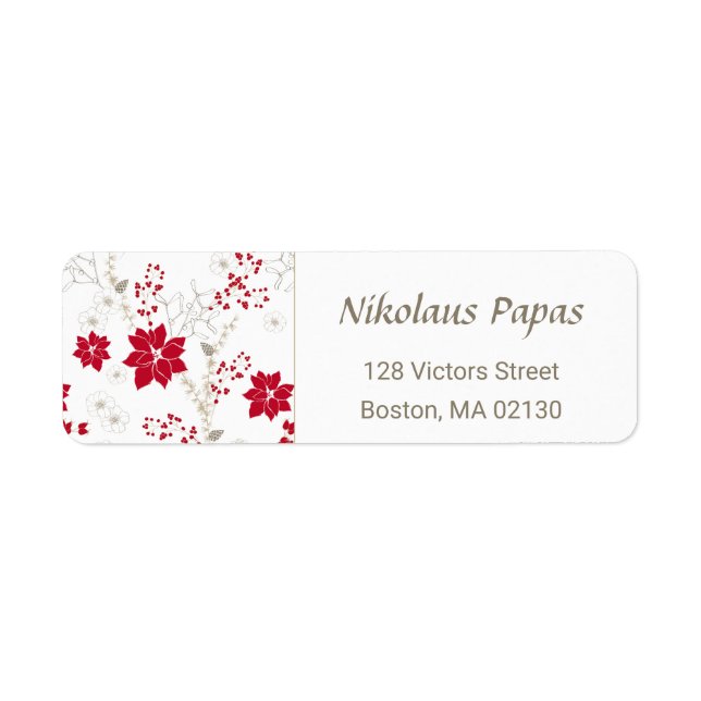 Étiquette Festive Fleurs de Noël | Adresse beige rouge (Devant)
