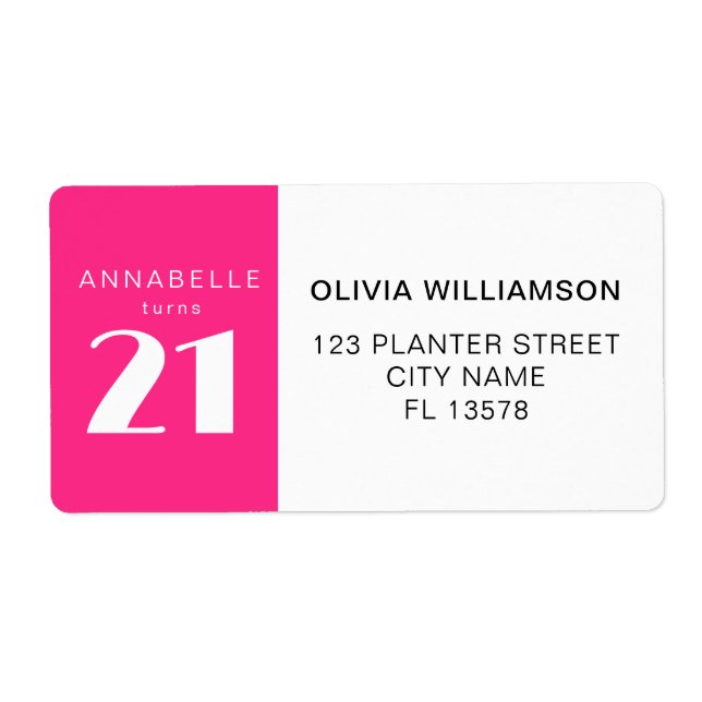 Étiquette Fête d'anniversaire rose chaud moderne 21e Vingt e (Devant)