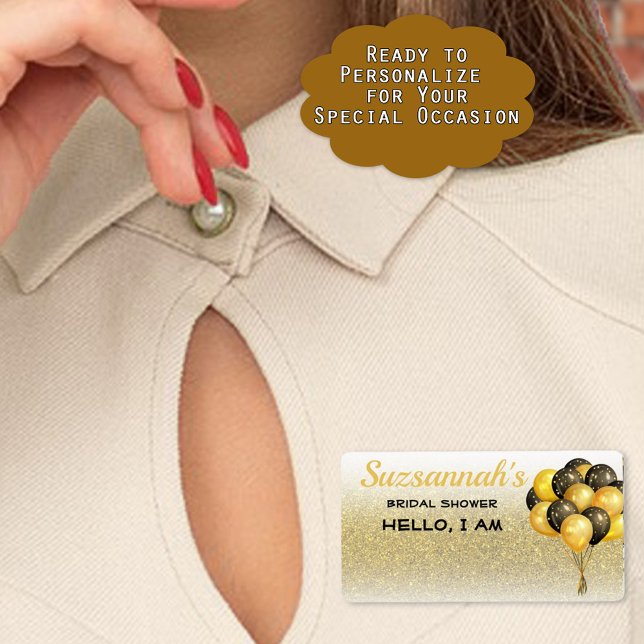 Étiquette Fête de l'mariée Ballons Gold Parties scintillant  (These sticker label names tags make it easy for your guests to identify and remember names.)