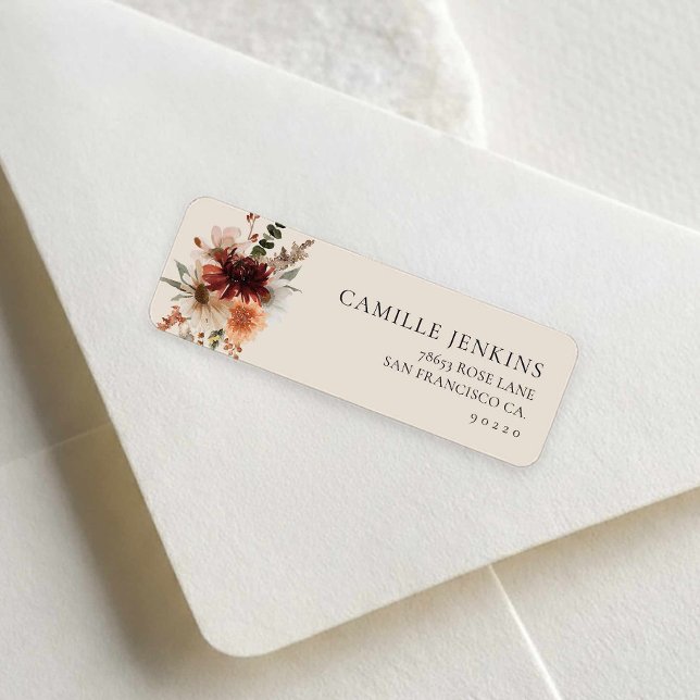 Étiquette Fête de mariage champêtre avec des fleurs d'automn (Fall Burgundy Floral Return Address Label)