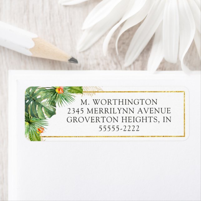 Étiquette Feuillage floral doré aquarelle tropicale (En situation)