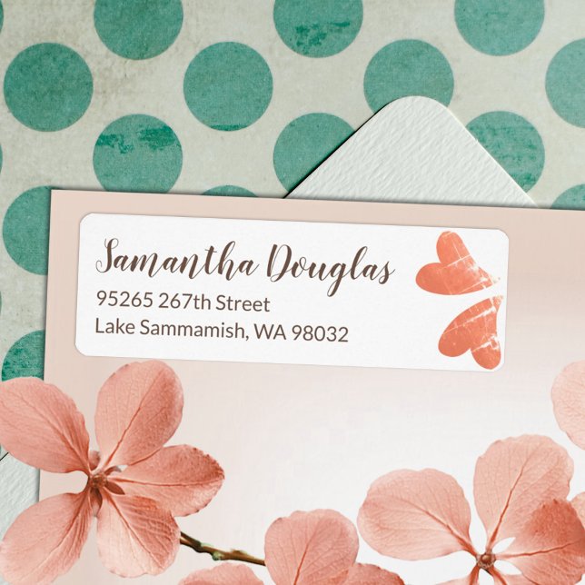 Étiquette Feuille d'étiquette Adresse de retour Coeurs de pê (peach hearts brown script writing calligraphy address mailing labels stickers personalized )