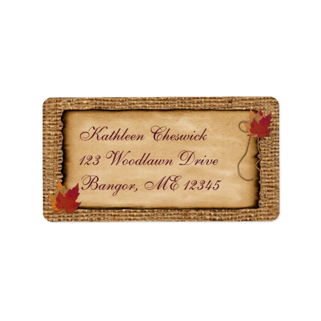Étiquette Feuilles d'automne, FAUX Burlap Adresse de retour  (Devant)