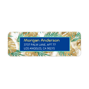 Étiquette Feuilles Tropicaux Gold & Green, Adresse Deep Blue