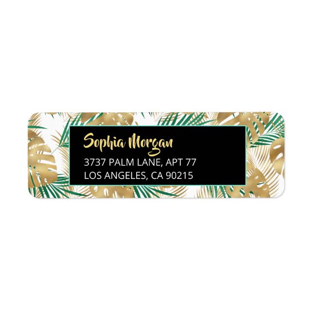 Étiquette Feuilles tropicaux Gold & Green, Nom Adresse Wht/B (Devant)