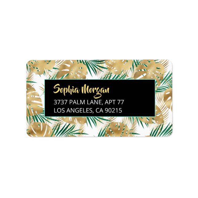 Étiquette Feuilles tropicaux Gold & Green, Nom Adresse Wht/B (Devant)