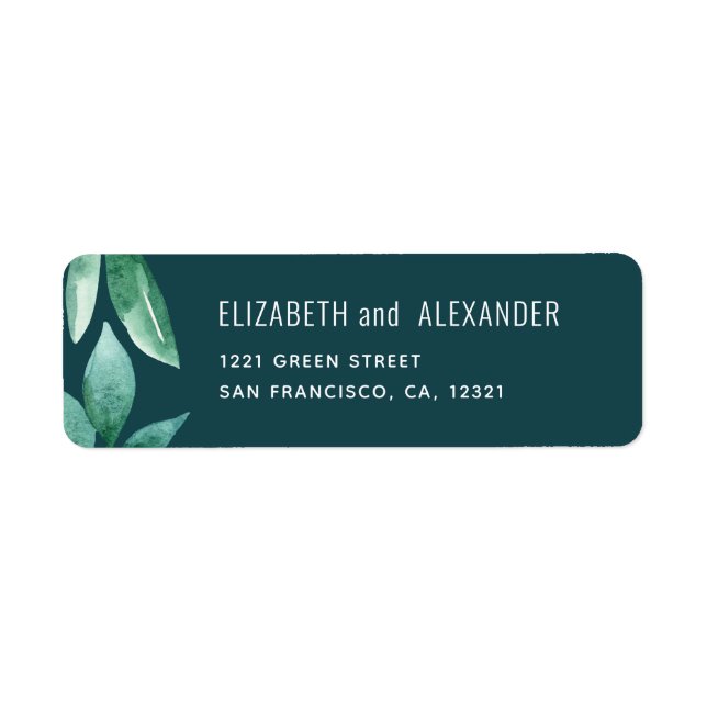 Étiquette Feuilles vert aquarelle. Adresse mariage turquoise (Devant)
