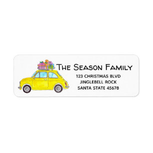 Étiquette Fiat 500 Retro Jaune avec cadeaux de Noël