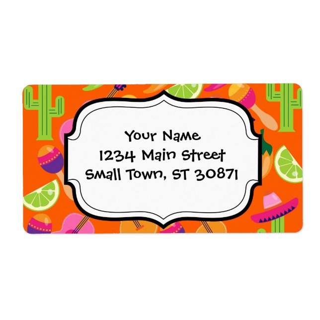 Étiquette Fiesta Party Sombrero Cactus Lims Peppers Maracas (Devant)