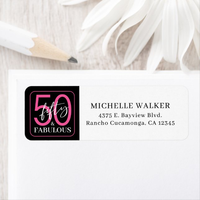 Étiquette Fifty and Fabulous Script Return Address Labels (En situation)