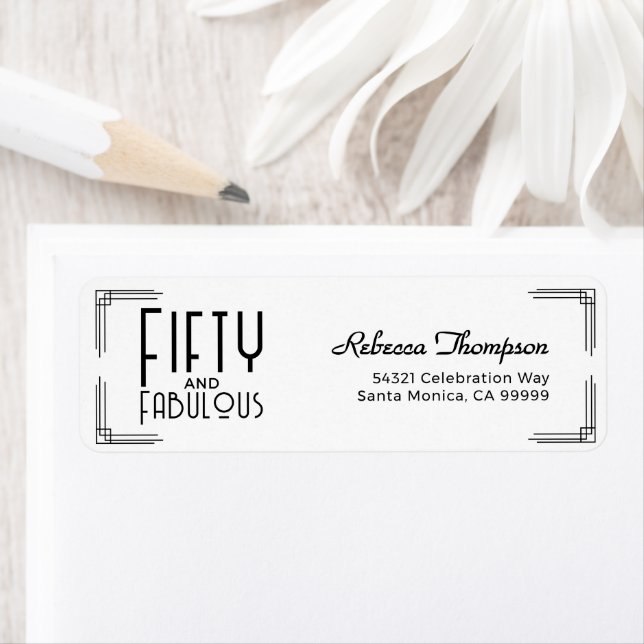 Étiquette Fifty Fabulous Black White Art Deco 50th Birthday (En situation)