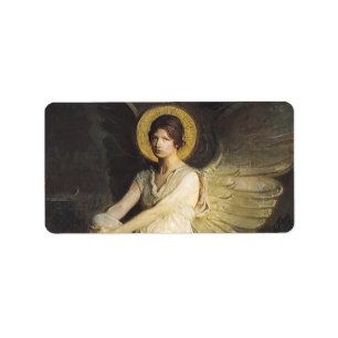 Étiquette Figure ailée assise sur un rocher par Abbott Thaye