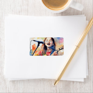 Étiquette Fille à l'aquarelle chantant et jouant de la guita