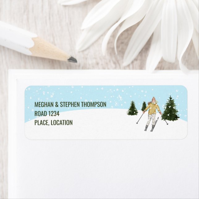 Étiquette Fille à l'aquarelle faisant du ski sur les pentes  (En situation)
