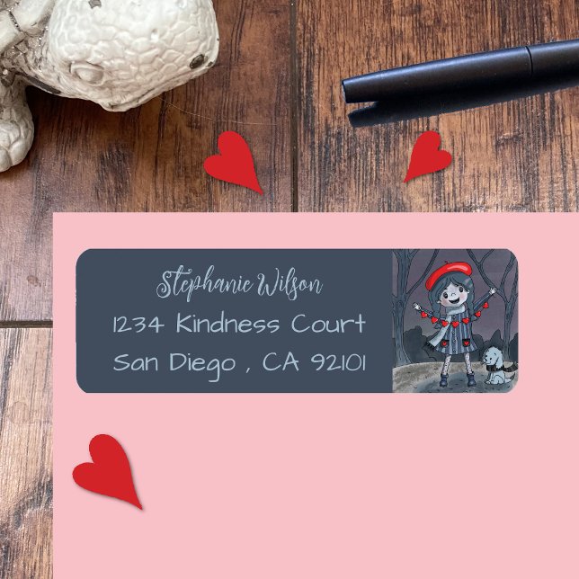 Étiquette Fille avec Garland Blue Red Retourner l'adresse Ét (Créateur téléchargé)