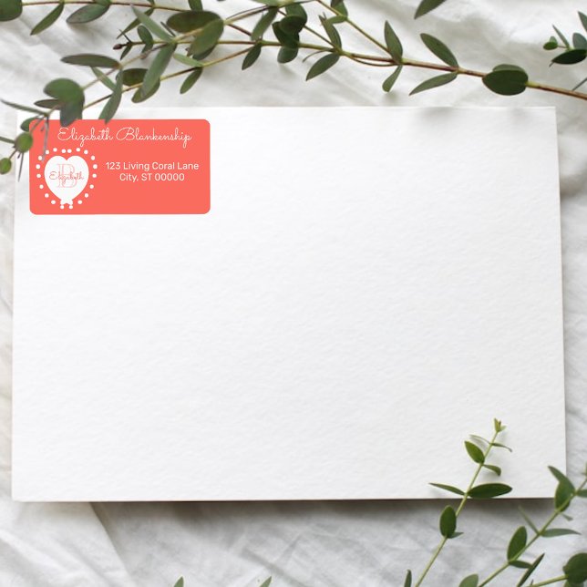Étiquette Fille Monogramme Coral Points Coeur Modèle (address label used as return address lable)