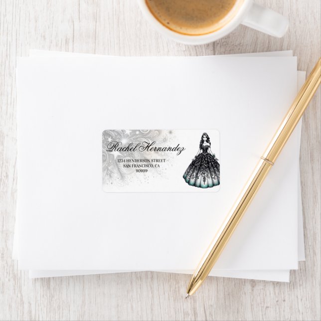 Étiquette Fille Quinceañera noire et Turquoise (En situation)