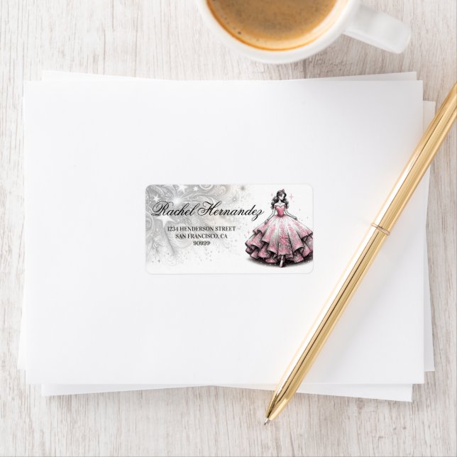 Étiquette Fille Quinceañera rose et argent (En situation)