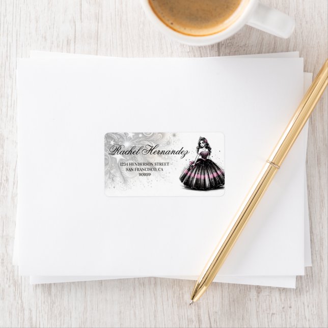 Étiquette Fille Quinceañera rose et noire (En situation)