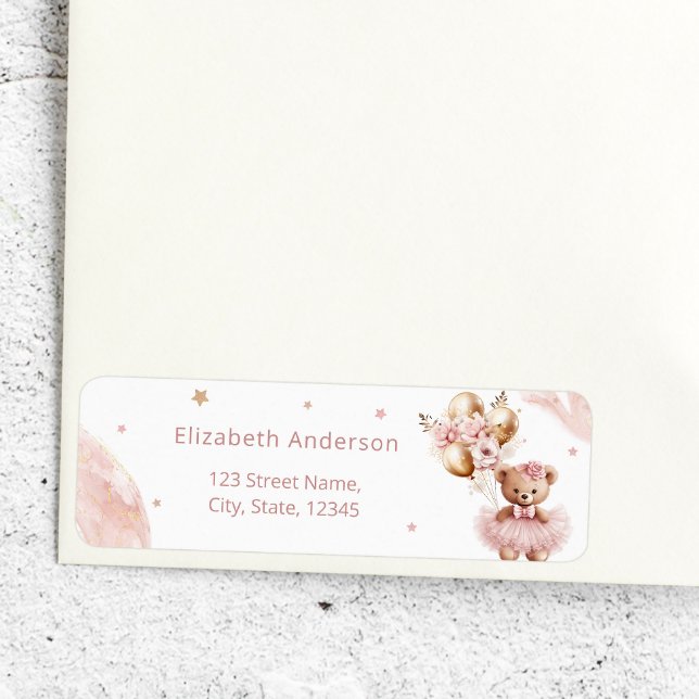 Étiquette Fille Teddy Bear Balloon Bearly Wait Baby shower (Créateur téléchargé)