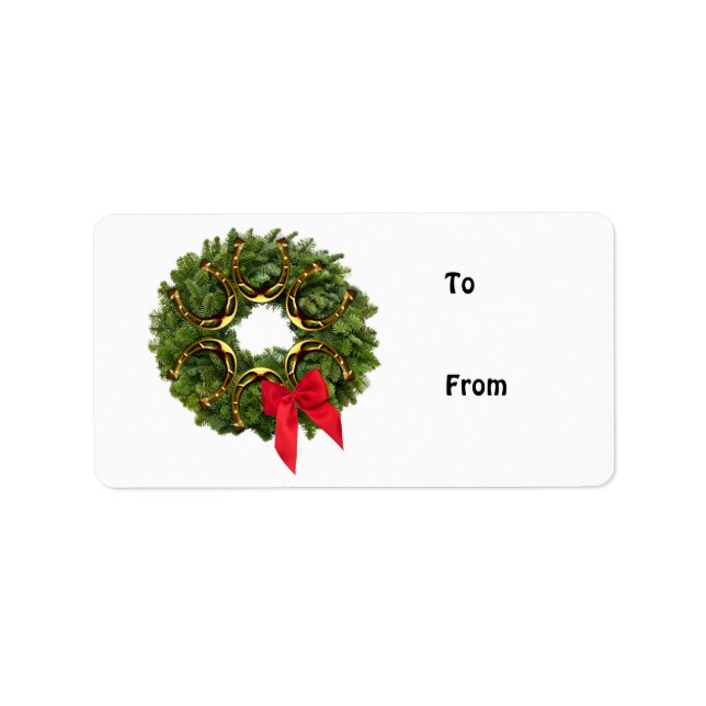 Étiquette Fir Wreath avec Gold Horseshoes et Red Bow (Devant)
