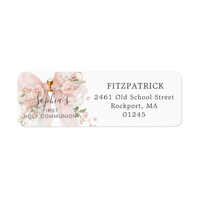 Étiquette First Communion Pink Bow Roses Return Address (Devant)